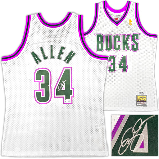 Milwaukee Bucks Ray Allen Autographed White Authentic Mitchell & Ness 1996-97 Ray Allen HWC Swingman Jersey Size L Beckett BAS Witness