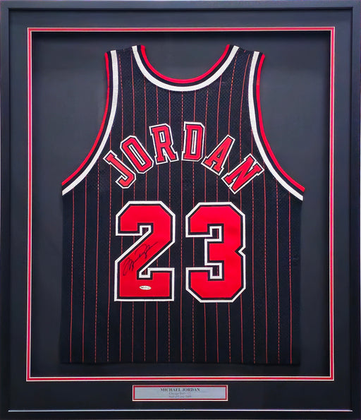 Chicago Bulls Michael Jordan Autographed Framed Black & Red Pinstripes Champion Jersey Beckett BAS & UDA Holo #BAF65125