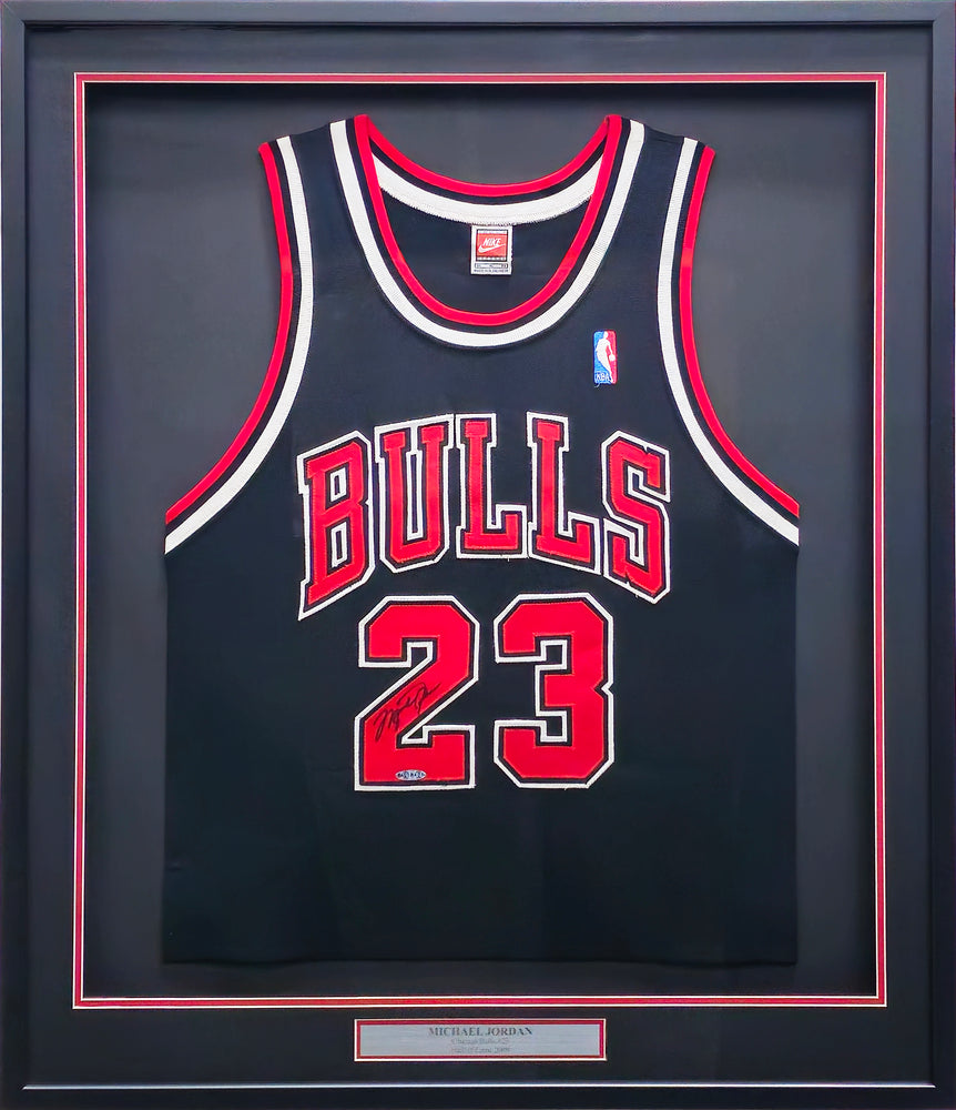 Chicago Bulls Michael Jordan Autographed Framed Black Nike Jersey PSA/DNA & UDA Holo #BAG18406