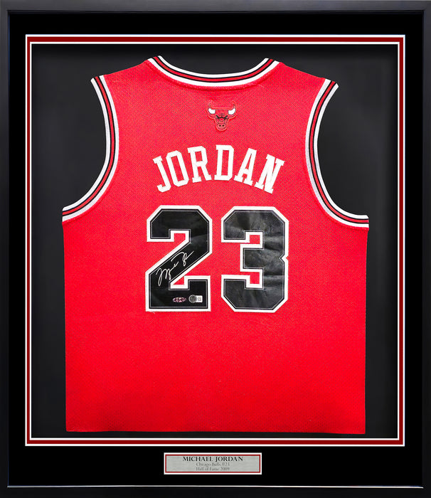 Chicago Bulls Michael Jordan Autographed Framed Red Jersey Beckett BAS QR & UDA Holo #BAJ03662