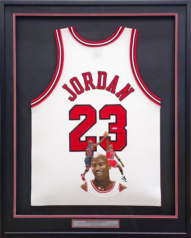 Chicago Bulls Michael Jordan Autographed Framed White Nike Hand Painted Collage Jersey JSA & #3/3 UDA Holo #BAH60552