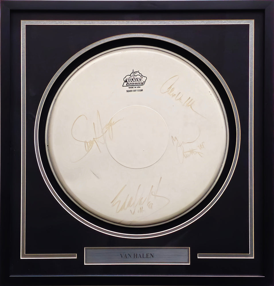 Van Halen Autographed Framed 14x14 Drumhead With 4 Signatures Including Eddie Van Halen & Sammy Hagar Beckett BAS #AB74111