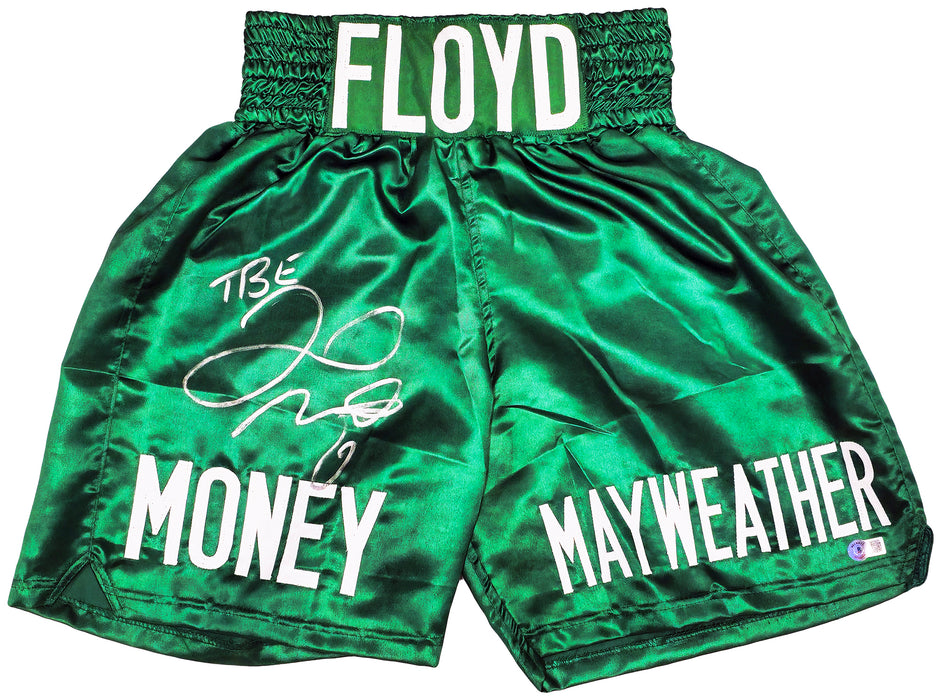 Floyd Mayweather Jr. Autographed Green Boxing Trunks "TBE" Beckett BAS Witness