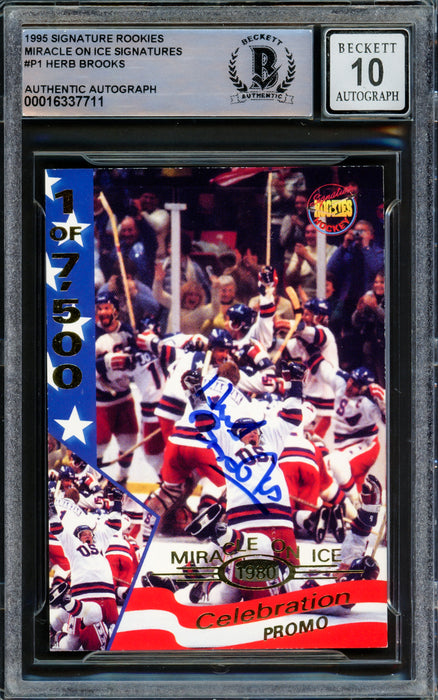 Herb Brooks Autographed 1995 Signature Rookies Card #P1 1980 Team USA Auto Grade Gem Mint 10 Beckett BAS #16337711