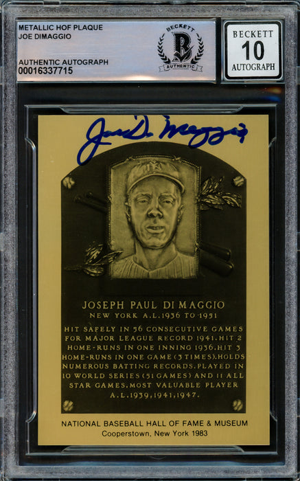 Joe DiMaggio Autographed 1983 Metallic Hall of Fame HOF Plaque Card New York Yankees Auto Grade Gem Mint 10 Beckett BAS #16337715