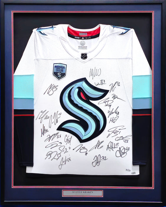 Seattle Kraken 2021-22 Inaugural Season Team Signed Autographed Framed White Adidas Jersey With 24 Signatures Including Jordan Eberle & Jared McCann Fanatics Holo