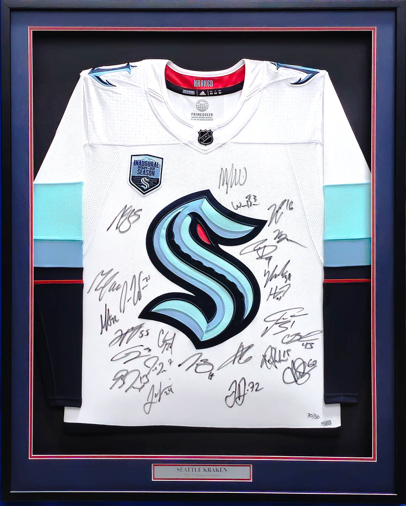 Seattle Kraken 2021-22 Inaugural Season Team Signed Autographed Framed White Adidas Jersey With 24 Signatures Including Jordan Eberle & Jared McCann Fanatics Holo