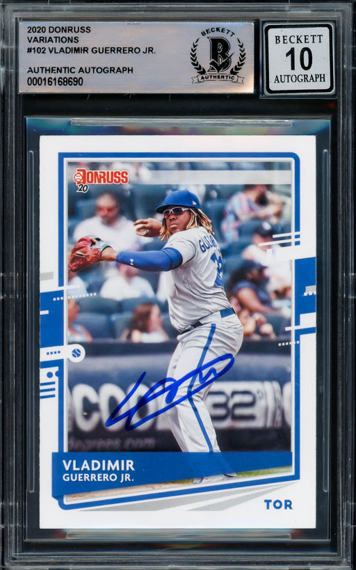 Vladmir Guerrero Jr. Autographed 2020 Donruss Card #102 Toronto Blue Jays Auto Grade Gem Mint 10 Batting Beckett BAS #16168690