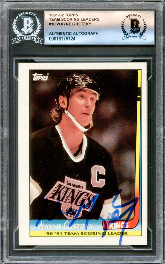 Wayne Gretzky Autographed 1991-92 Topps Glossy Scoring Leaders Card #10 Los Angeles Kings Beckett BAS #16176124