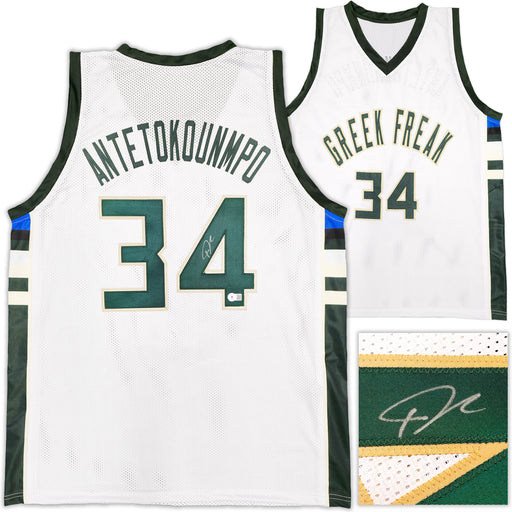 Milwaukee Bucks Giannis Antetokounmpo Autographed White Jersey Beckett BAS Witness