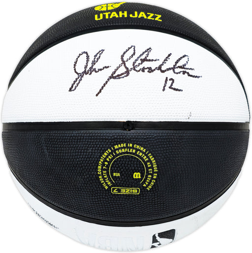John Stockton Autographed Black & White Team Tribute Utah Jazz Logo Basketball Beckett BAS Witness