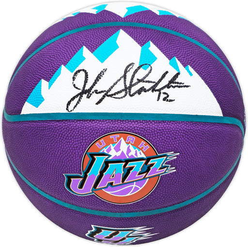 John Stockton Autographed Purple City Edition Basketball Utah Jazz With Mountains Beckett BAS Witness