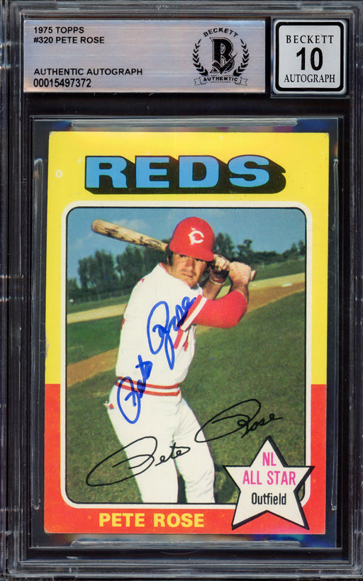 Pete Rose Autographed 1975 Topps Card #320 Cincinnati Reds Auto Grade Gem Mint 10 Beckett BAS #15497372