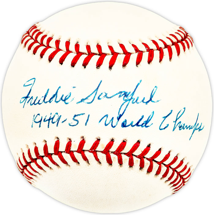 Freddie Sanford Autographed Official AL Baseball New York Yankees "1949-51 World Champs"