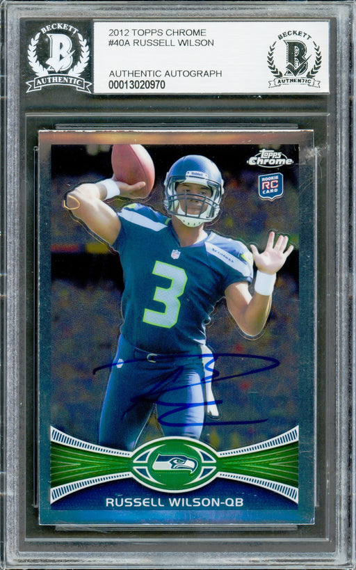 Russell Wilson Autographed 2012 Topps Chrome Rookie Card #40A Seattle Seahawks Beckett BAS #13020970