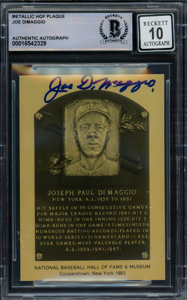 Joe DiMaggio Autographed 1983 Metallic HOF Plaque Card New York Yankees Auto Grade Gem Mint 10 Beckett BAS #16542329