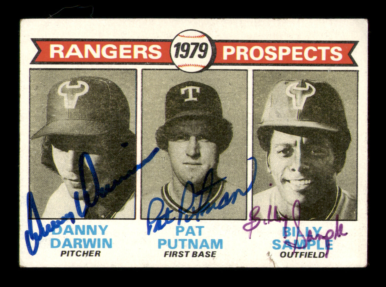 Billy Sample, Pat Putnam & Danny Darwin Autographed 1979 Topps Rookie Card #713 Texas Rangers