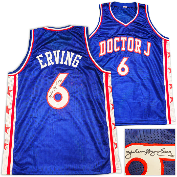 Philadelphia 76ers Julius "Dr. J" Erving Autographed Blue Jersey Beckett BAS Witness