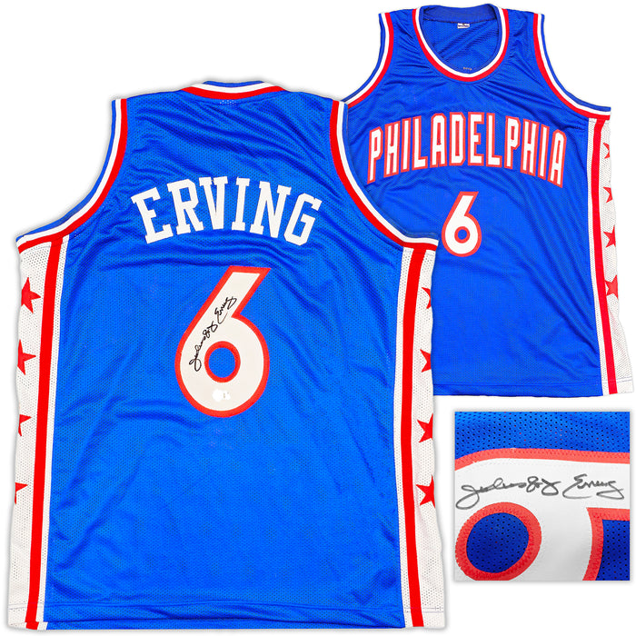 Philadelphia 76ers Julius "Dr. J" Erving Autographed Blue Jersey Beckett BAS Witness