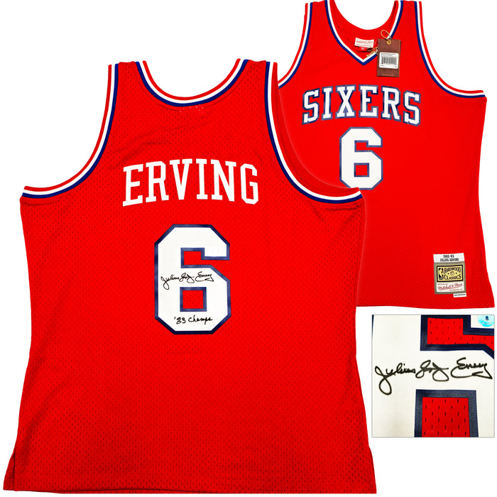 Philadelphia 76ers Julius "Dr. J" Erving Autographed Red Mitchell & Ness Hardwood Classics HWC Swingman 1982-83 Jersey Size XL "83 Champs" Beckett BAS Witness