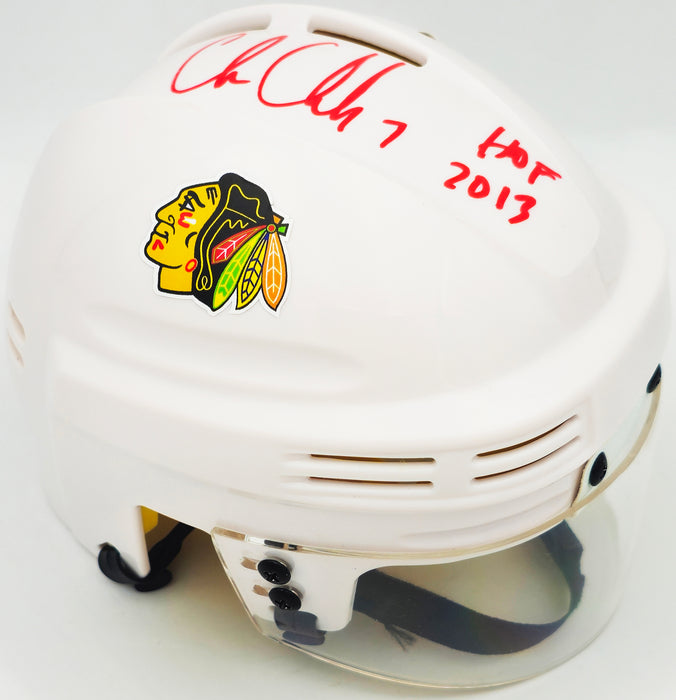Chris Chelios Autographed Chicago Blackhawks White Mini Helmet "HOF 2013" Beckett BAS Witness
