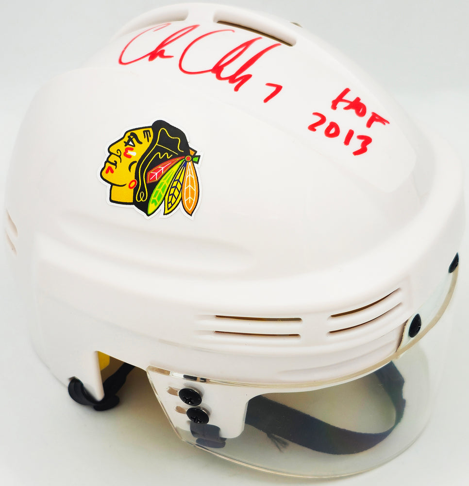 Chris Chelios Autographed Chicago Blackhawks White Mini Helmet "HOF 2013" Beckett BAS Witness