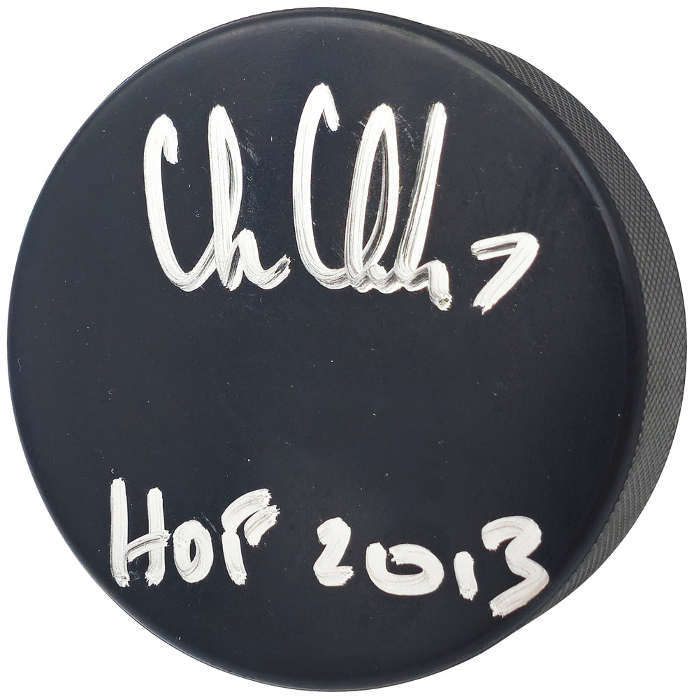 Chris Chelios Autographed Official Chicago Blackhawks Logo Hockey Puck "HOF 2013" Beckett BAS Witness