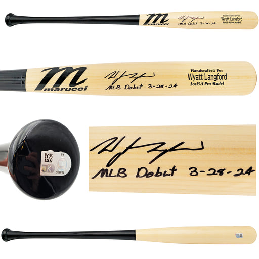Wyatt Langford Autographed Blonde Marucci Player Model Baseball Bat Texas Rangers "MLB Debut 3-28-24" Fanatics and MLB Holo
