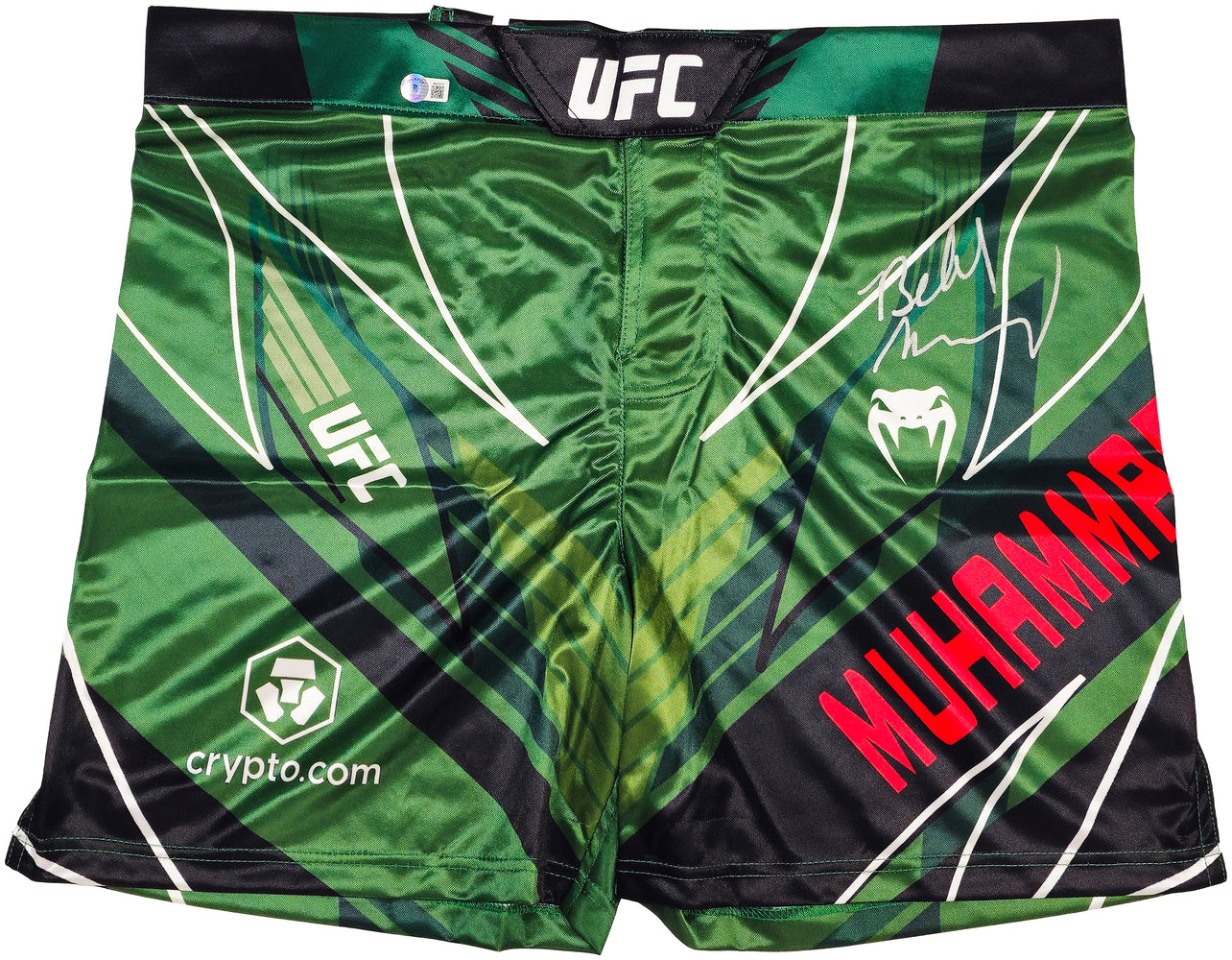 Belal Muhammad Autographed Green Fight Shorts  Beckett BAS Witness