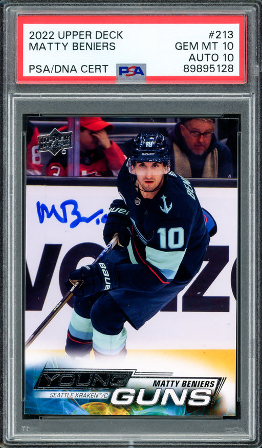 Matty Beniers Autographed 2022 Upper Deck Young Guns Rookie Card #213 Seattle Kraken PSA 10 Auto Grade Gem Mint 10 PSA/DNA #89895128