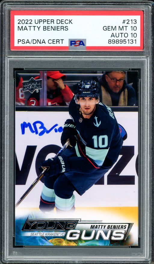 Matty Beniers Autographed 2022 Upper Deck Young Guns Rookie Card #213 Seattle Kraken PSA 10 Auto Grade Gem Mint 10 PSA/DNA #89895131