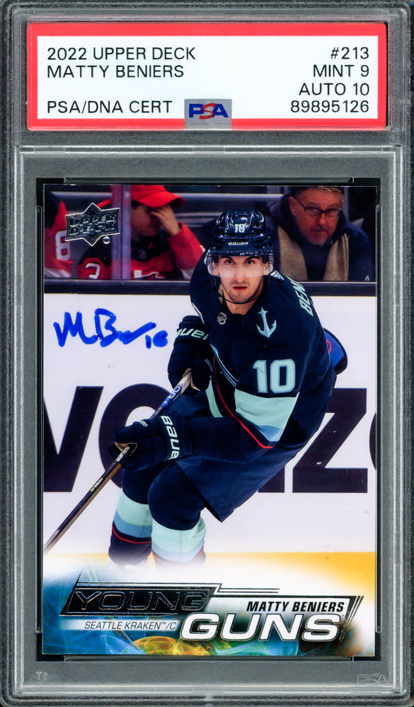 Matty Beniers Autographed 2022 Upper Deck Young Guns Rookie Card #213 Seattle Kraken PSA 9 Auto Grade Gem Mint 10 PSA/DNA #89895126