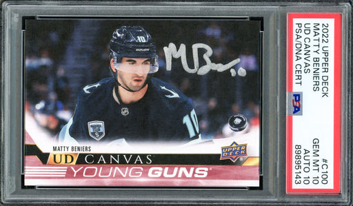 Matty Beniers Autographed 2022 Upper Deck Young Guns Canvas Rookie Card #C100 Seattle Kraken PSA 10 Auto Grade Gem Mint 10 PSA/DNA #89895143