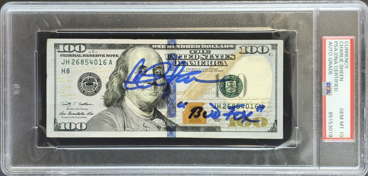 Charlie Sheen Autographed $100 Bill Wall Street Movie Auto Grade Gem Mint 10 "Bud Fox" PSA/DNA