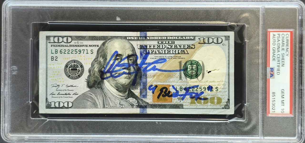 Charlie Sheen Autographed $100 Bill Wall Street Movie Auto Grade Gem Mint 10 "Bud Fox" (Tear) PSA/DNA