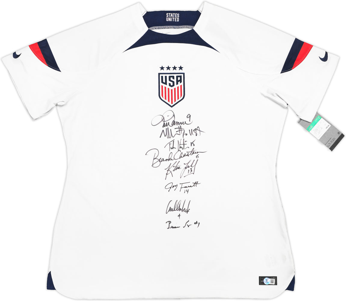 1999 Team USA Women's Soccer World Cup Champions Team Autographed White Nike Jersey Size XL With 8 Total Signatures Including Mia Hamm & Brandi Chastain Beckett BAS Witness