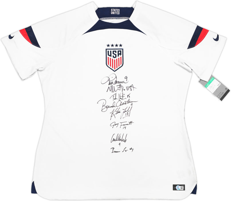 1999 Team USA Women's Soccer World Cup Champions Team Autographed White Nike Jersey Size XL With 8 Total Signatures Including Mia Hamm & Brandi Chastain Beckett BAS Witness