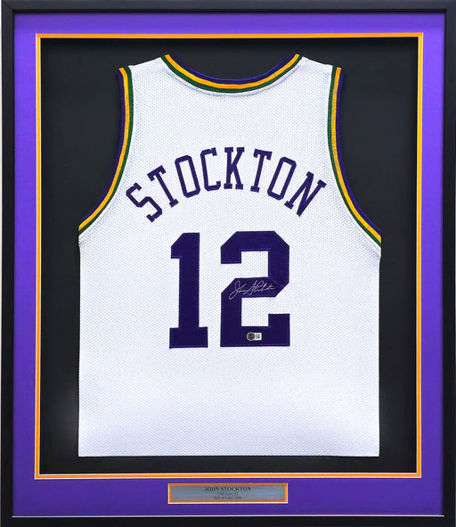 Utah Jazz John Stockton Autographed Framed White Jersey Beckett BAS Witness