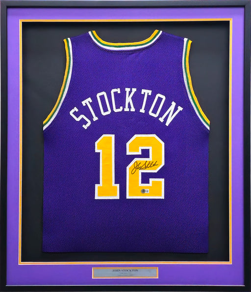 Utah Jazz John Stockton Autographed Framed Purple Jersey Beckett BAS Witness