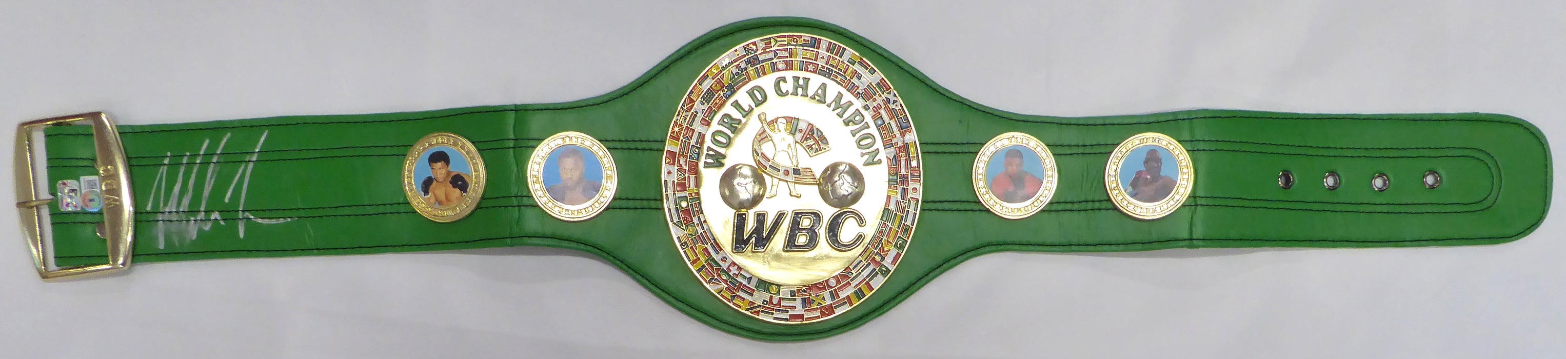 Mike Tyson Autographed Green WBC Belt (Smudged) Beckett BAS QR #WX99669