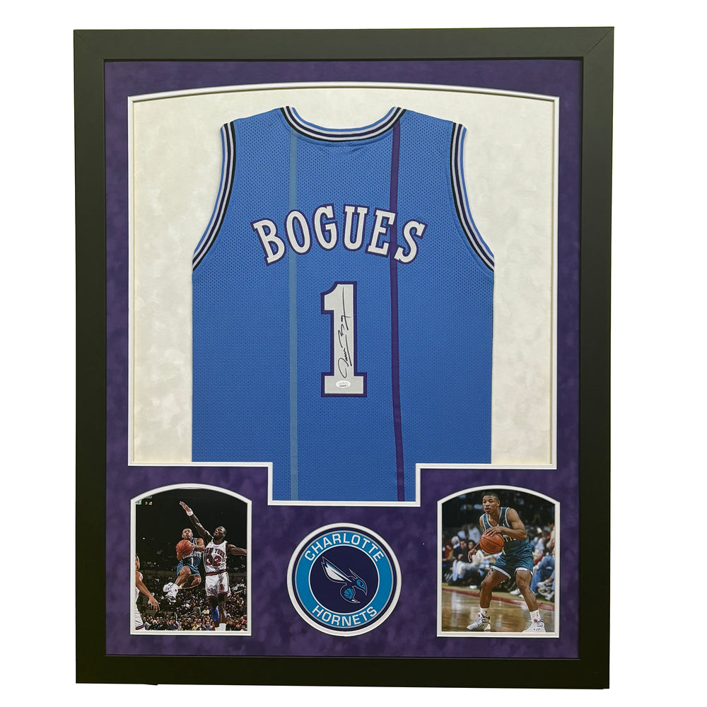 Muggsy Bogues Signed Charlotte Blue Custom Suede Matte Framed Basketball Jersey