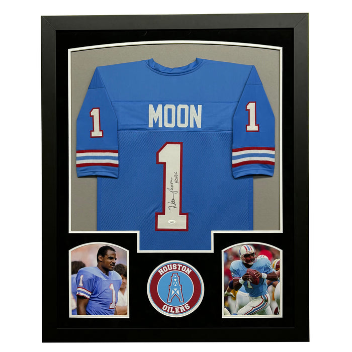 Warren Moon Signed Blue Custom Suede Matte Framed Football Jersey