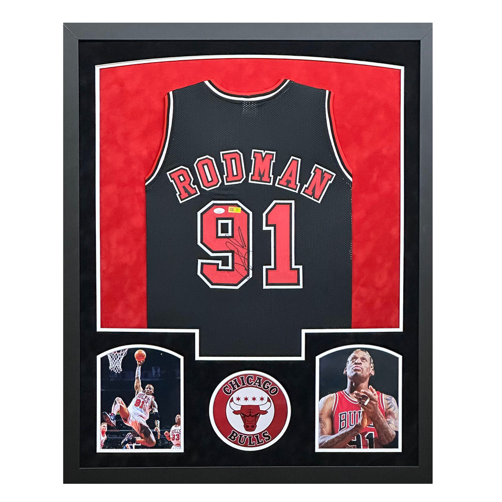 Dennis Rodman Signed Chicago Black Custom Suede Framed basketball Jersey (JSA)