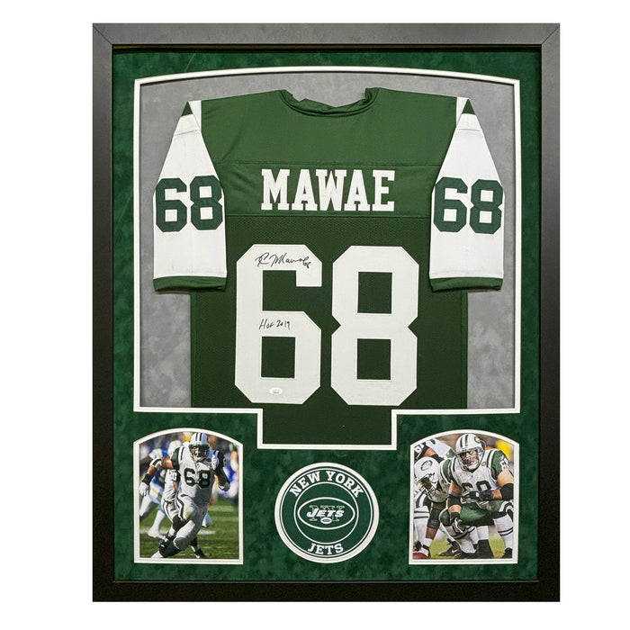 Kevin Mawae Signed HOF 2019 New York Green Custom Suede Matte Framed Football Jersey (JSA)