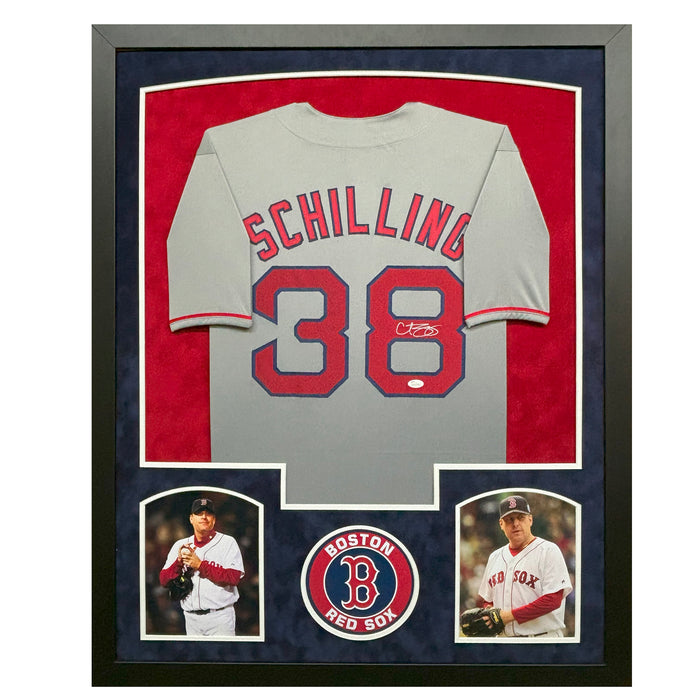 Curt Schilling Signed Boston Grey Custom Suede Matte Framed Baseball Jersey (JSA)