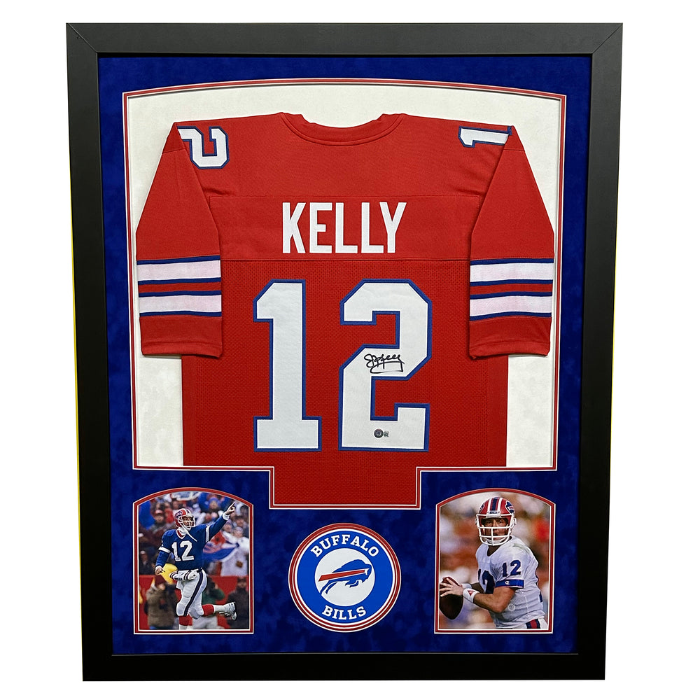 Jim Kelly Signed Red Custom Suede Matte Framed Football Jersey