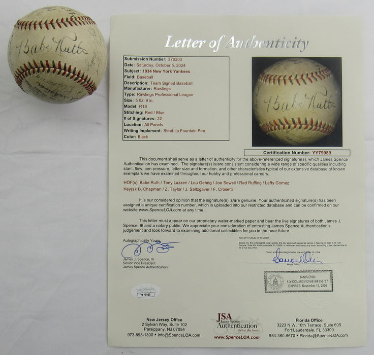 Babe Ruth + 1934 New York Yankees Signed Rawlings Baseball JSA LOA YY79989