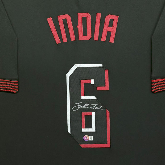 Jonathan India Signed Cincinnati Black Custom Suede Matte Framed Baseball Jersey (Beckett)