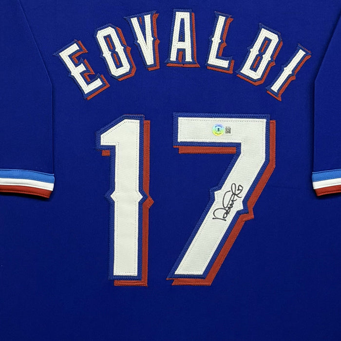 Nathan Eovaldi Signed Blue Custom Suede Matte Framed Baseball Jersey (Beckett)