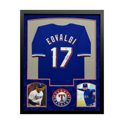 Nathan Eovaldi Signed Blue Custom Suede Matte Framed Baseball Jersey (Beckett)